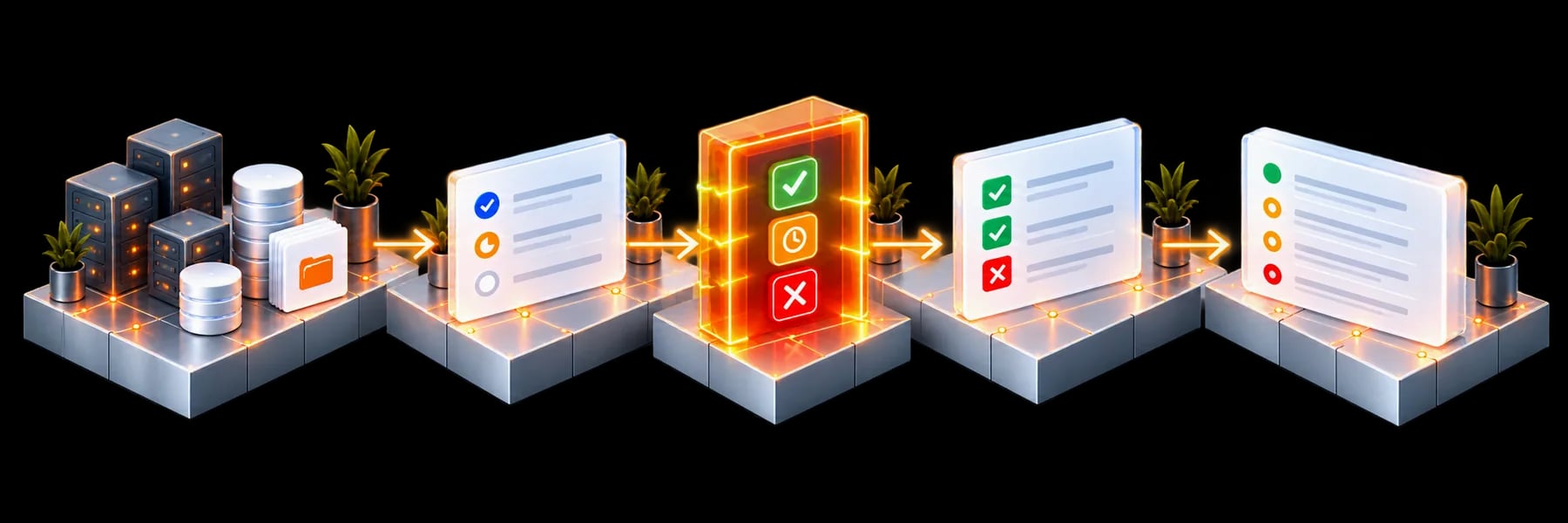 Workflow: Your systems; Configure rules; Policy checks; Test allowed & blocked paths; Activity records.