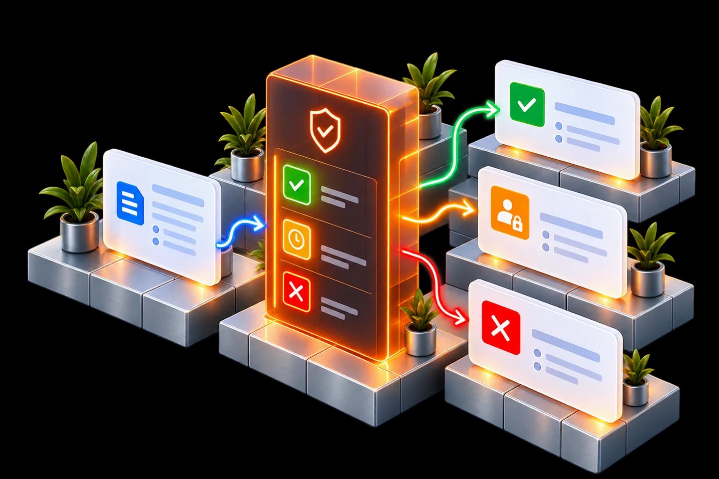 Permissions, policy checks, approvals and visibility, designed together.