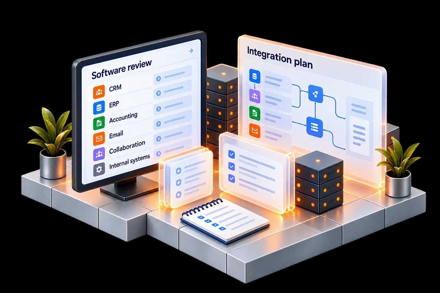 A software review lists existing tools alongside an integration plan, permissions and agreed connections.