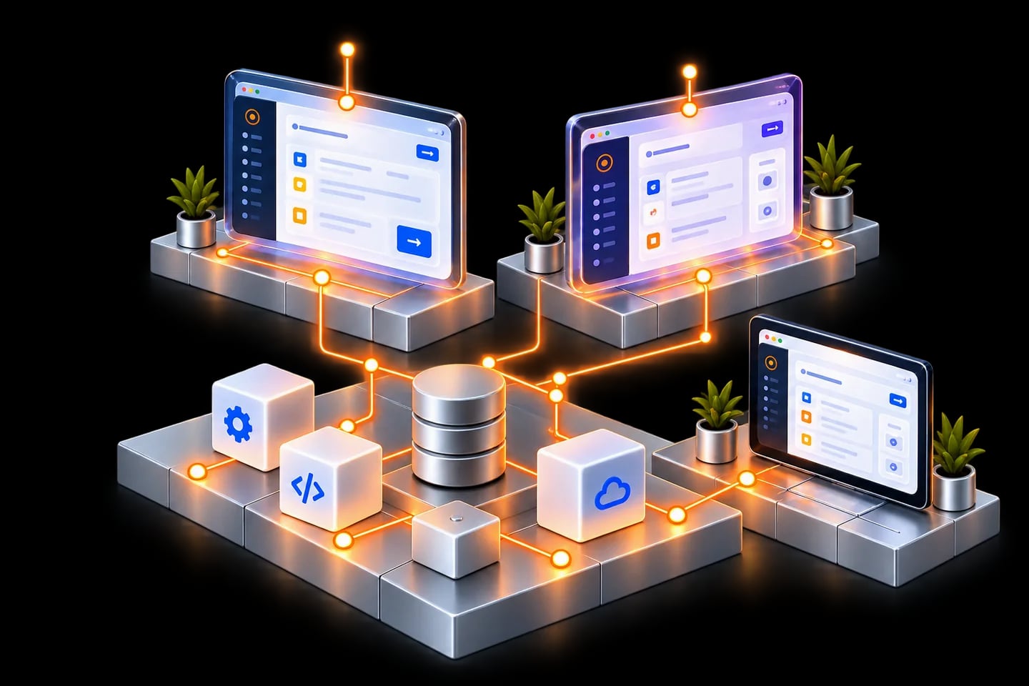 Separate customer workspaces connect to shared product services and a distinct product administration console.